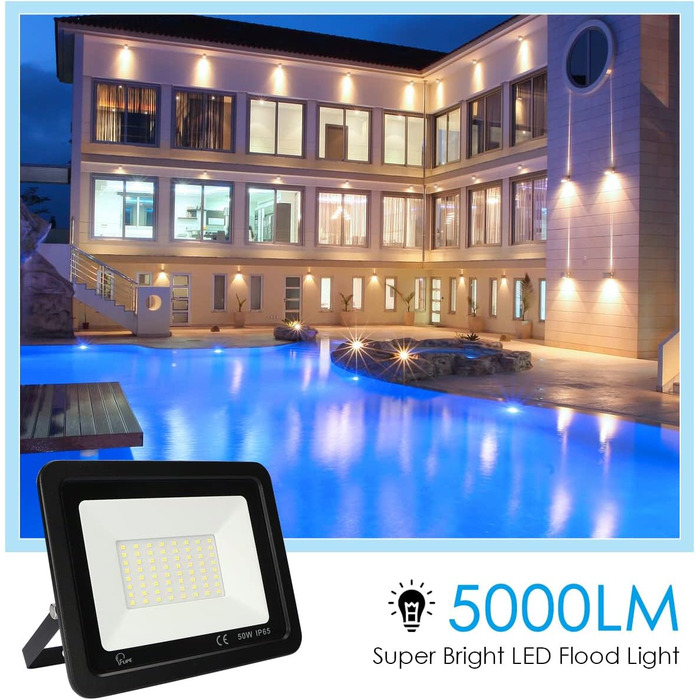Світлодіодний прожектор 50Вт, 5000Лм, 72 LED, IP65, холодне світло 6500К, для вулиці, гаража, саду, 230В, чорний, 2 шт.