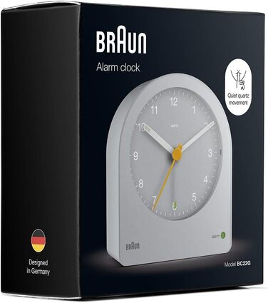 Braun класичний аналоговий будильник з підсвіткою, безшумний кварцовий механізм, поступово наростаючий сигнал, модель BC22G, сірий