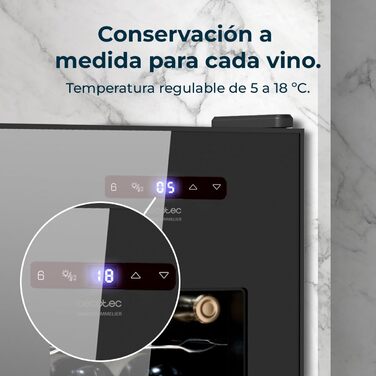 Винний шафа Cecotec Bolero GrandSommelier 830 CoolWood, термоелектрична, тиха, для 15 пляшок, регульована температура 8-18°C, сенсорне керування, енергоощадна, чорна