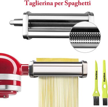 Насадка для макаронів Italdos 3-в-1 для KitchenAid: валик для лазаньї, різак для фетучині та спагеті, нержавіюча сталь, з щітками для чищення