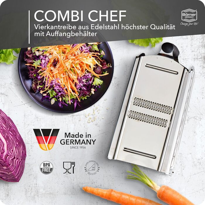 Кухонна терка Börner Combi Chef з контейнером, нержавіюча сталь, 4 насадки — для сиру, овочів, цедри