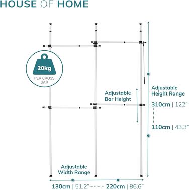 Міцна трирівнева висувна штанга для одягу House of Home, регульована штанга для шафи, заміна штанги, органайзер для зберігання одягу (двоспальне ліжко)