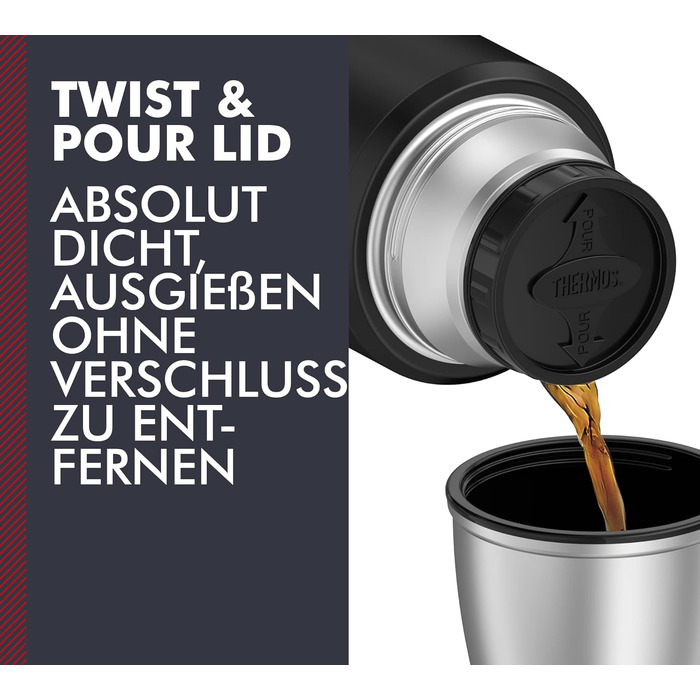 Термос THERMOS STAINLESS KING 1,2 л, чорний, нержавіюча сталь, герметичний, з чашкою і ручкою, 12 годин гарячий, 24 години холодний, для напоїв, BPA-free