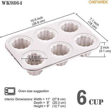 Форма для випікання канеле CHEFMADE, 6 осередків, антипригарна, для кексів і мафінів, шампань золото