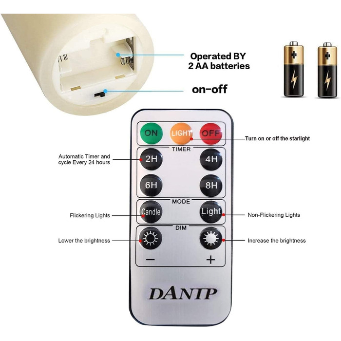 Свічки DANIP LED без полум'я з мерехтливою стрічкою, набір 5 шт, дистанційне керування, таймер, реальний віск, білий колір, батарейкові