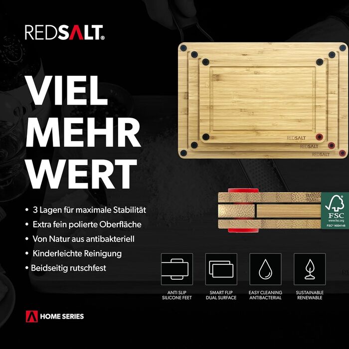 Набір обробних дощок REDSALT з біо бамбука, 3 шт, антибактеріальні, обидві сторони, глибокий жолоб для соку, не ковзають, FSC сертифікат, преміум-якість, розміри 38x26, 32x22, 26x18 см
