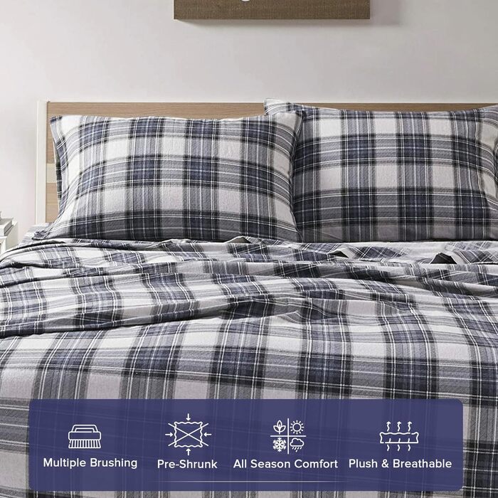 Бавовняна фланелева постільна білизна Comfort Spaces для ліжка King Size, синя шотландська клітинка, 4 предмети, тепла та дихаюча