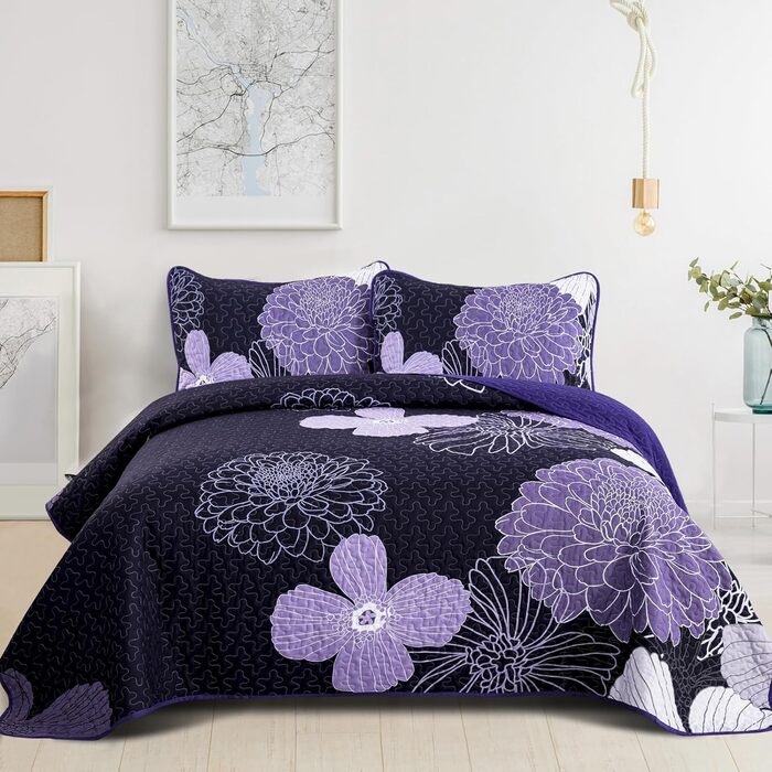 Покривало WONGS BEDDING 220x240 см, лілове, квітковий принт, мікрофібра, літнє стьобане покривало для двоспального ліжка + 2 наволочки 50x75 см