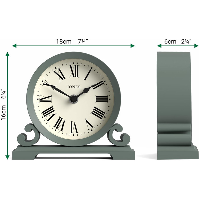 Настільний годинник JONES CLOCKS Saloon, класичний стиль, римські цифри, подвійний скрол, для столу, полиці чи тумбочки, зелений