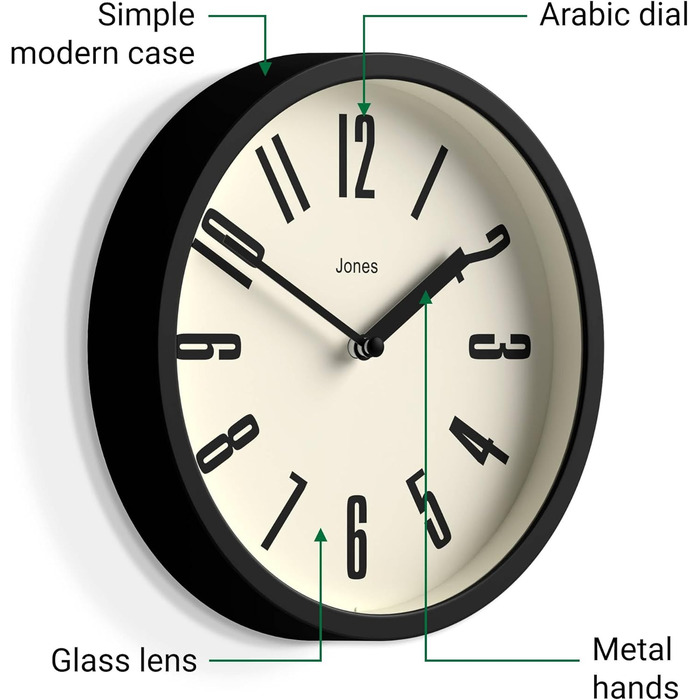 Годинник JONES CLOCKS для ванної та кухні, настінний, ретро, круглий, 20 см, чорний, легкі для читання цифри, ідеальний для кухні, офісу, дитячої кімнати або невеликих приміщень