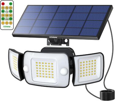 Сонячний LED світильник INTELAMP для вулиці з датчиком руху, 6000 мА·год, 1200 Лм, 270° широкий кут, пульт, IP65, кабель 2,7 м, для тераси та гаража