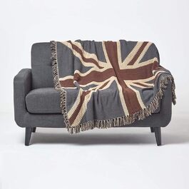 Плед Homescapes жакардовий Union Jack 150x200 см, бавовняний плед у вінтажному стилі, синьо-коричнево-кремовий, з китицями, британський дизайн, покривало на диван з бавовни