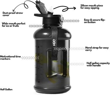 Мотиваційна пляшка для води H2O Capsule 2,5 л з маркуванням часу, трубочкою, ручкою та ремінцем, харчовий пластик, чорна