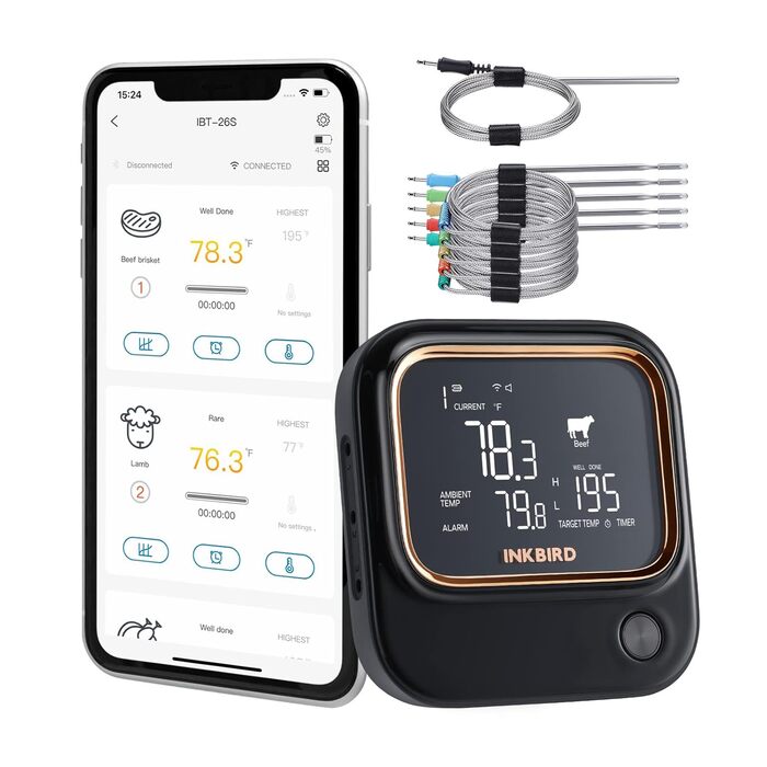 Гриль-термометр Inkbird IBT-26S з Bluetooth 5.1 і Wi-Fi, 4 датчики температури, магнітне кріплення, USB-зарядка, для кухні, духовки, гриля, BBQ, коптильні