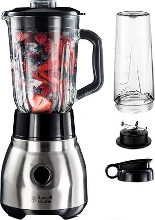 Стаціонарний блендер Russell Hobbs 2-в-1: 1,5 л скляна чаша + 0,6 л пляшка для смузі, нержавіюча сталь, подрібнення льоду, BPA Free, для коктейлів та смузі, модель 23821-56