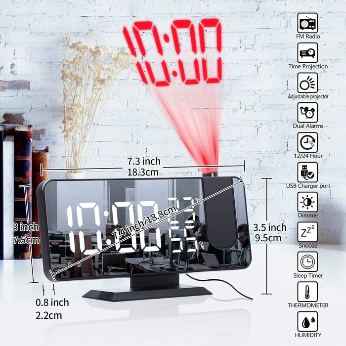 Цифровий проекційний LED-будильник із зарядкою, радіобудильник з USB-портом, подвійний будильник, LED-дзеркальний екран, регульована яскравість, індикація температури та вологості, чорний