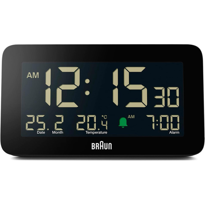 Цифровий годинник Braun BC10B з будильником, датою, місяцем, термометром, LCD-дисплеєм, швидким налаштуванням, чорний