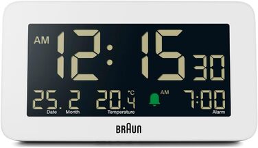 Цифровий годинник Braun BC10W з датою, місяцем і температурою, негативний LCD-дисплей, швидке налаштування та наростаючий сигнал, білий