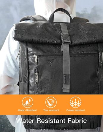 Рюкзак Inateck RollTop 25-30 л чорний, для чоловіків і жінок, міський, велосипедний, шкільний, для університету, роботи, спорту та подорожей, з відділенням для ноутбука 17