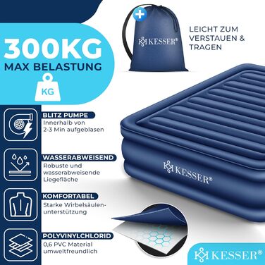 Надувний матрац KESSER з електронасосом, 203x95x51 см, для однієї людини, синій, з сумкою, для дому та кемпінгу