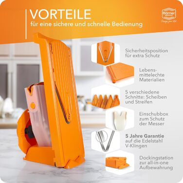 Овочерізка Börner V3 Profi Set — універсальна кухонна терка для нарізки скибочками, соломкою, кубиками, з регульованим V-подібним лезом з нержавіючої сталі, помаранчева