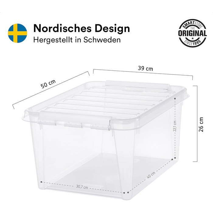 Набір з 6 пластикових боксів SmartStore Classic 31 л з кришкою, харчовий пластик, 40x30x11 см, посилені кути, 10 років гарантії, прозорі, штабельовані контейнери для зберігання