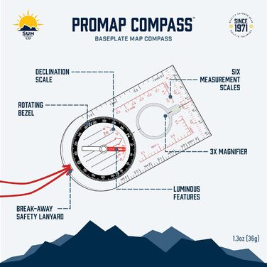 Компас Sun Company ProMap – ультралегкий базовий компас з деклінаційною шкалою для туризму, походів, кемпінгу та виживання