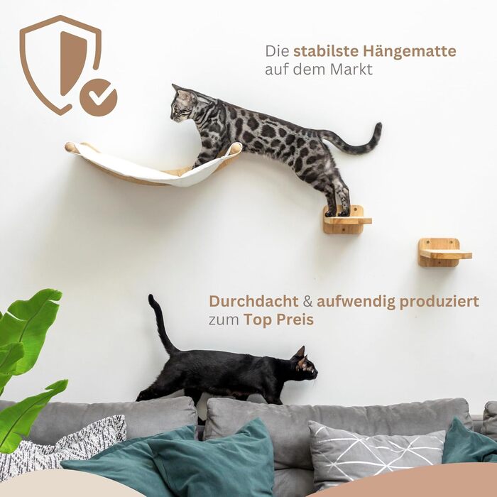 Стіна для лазіння для котів AZANO, XL котяча гамака, міцна дерев'яна конструкція, котяча драбинка та ліжко для стіни, 3-в-1 набір