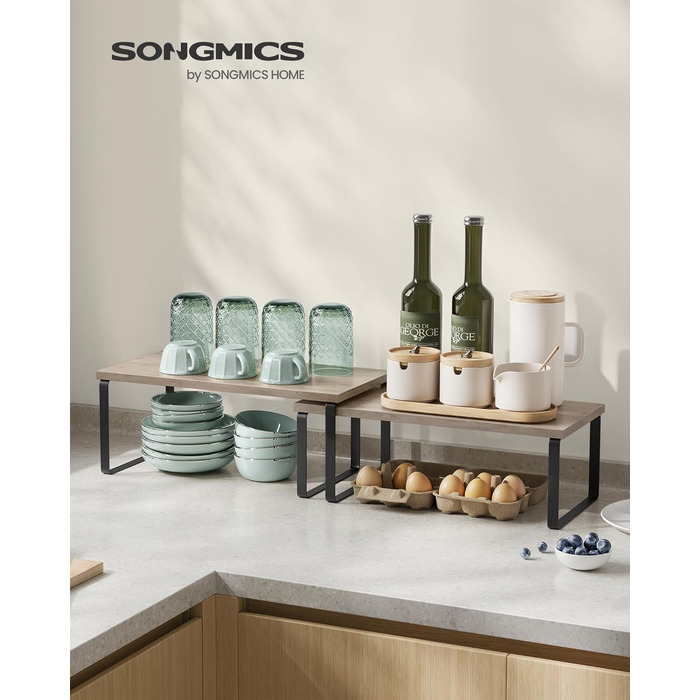 SONGMICS набір кухонних органайзерів для спецій, 4 шт, розширювані і штабельовані полиці для спецій з металевою рамою, 19,5×29,7×15,8 см, чорний/бежевий