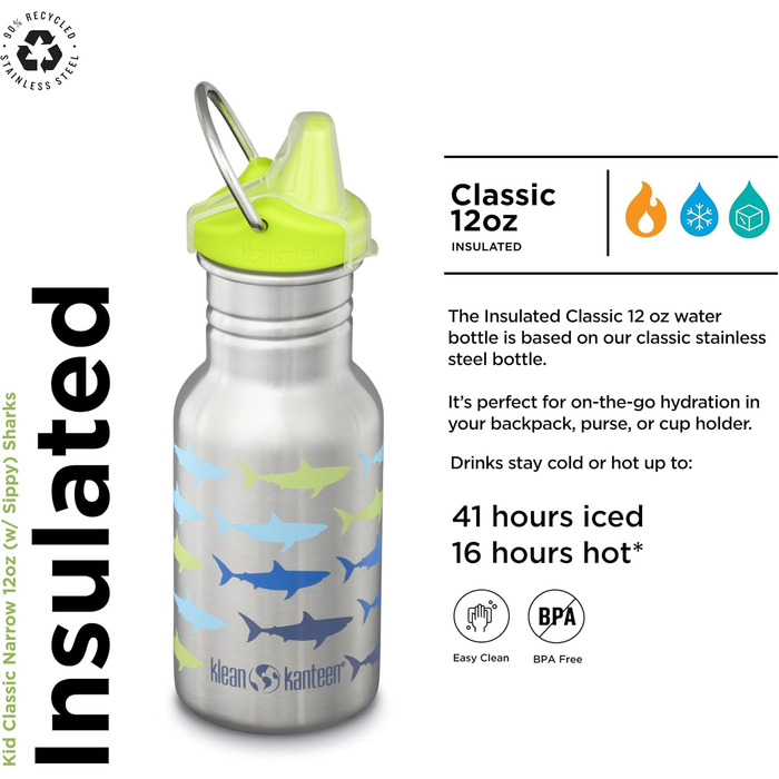 Пляшка для води Klean Kanteen Classic Narrow 355 мл з малюнком «Акули», нержавіюча сталь, для дітей та дорослих