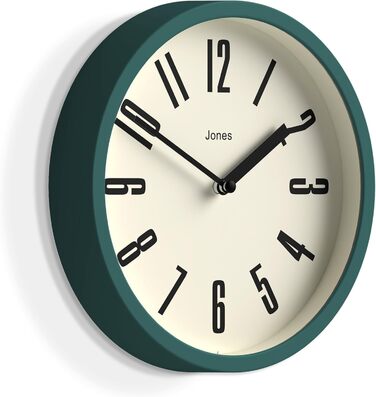 Ретро настінний годинник JONES CLOCKS 20 см, темно-зелений, великі цифри, для кухні, офісу, дитячої кімнати, ванної, легке зчитування