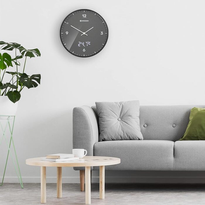 Стінастий годинник Bresser MyTime, 24 см, радіокерований, безшумний, з LED секундною індикацією, вимірюванням температури, сірий
