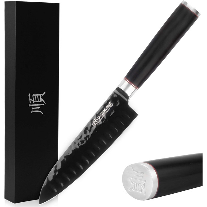 Кухонний ніж Santoku YOUSUNLONG 18 см з японської сталі AUS8, чорне титанове покриття, рукоятка з ебенового дерева