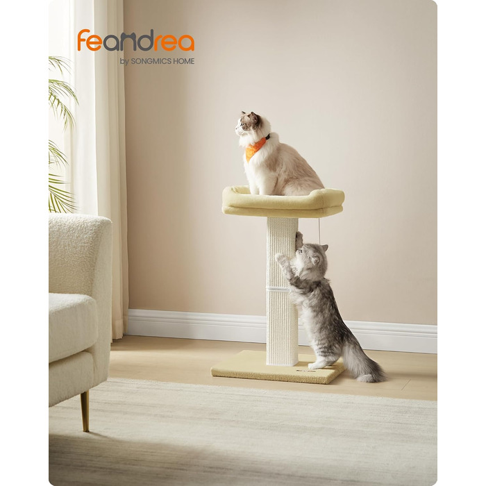 Дряпак для котів Feandrea, котячий комплекс 71 см, платформа 40x30 см, стовп з сизалю, основа 45x40 см, м'ячик, бежевий