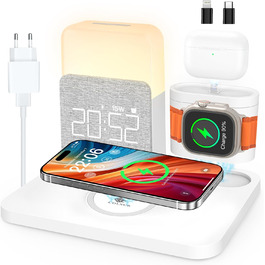 Бездротова зарядна станція COLSUR 3 в 1 для iPhone, Apple Watch, AirPods, 15W швидка зарядка, настільна лампа з годинником і зарядкою, біла