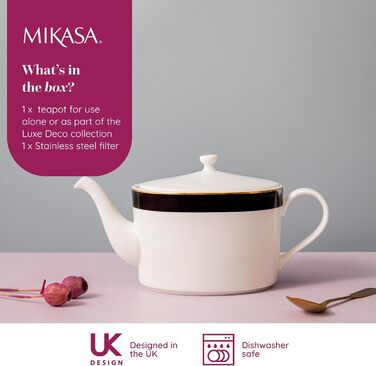 Чайник Mikasa Luxe Deco порцеляновий, 1.1 л, з фільтром, арт-деко, золото, для 4 чашок, підходить для посудомийки
