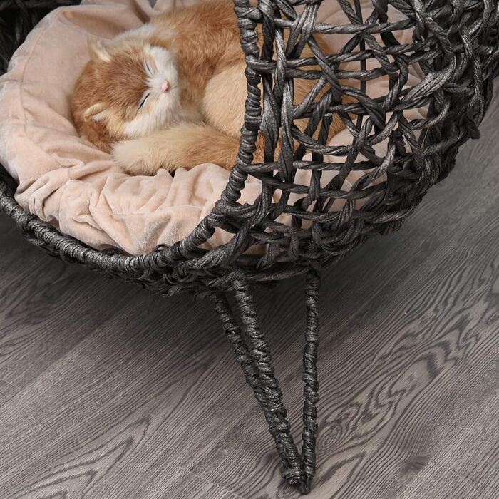 Будиночок для котів PawHut з ротангу з подушкою, котяча лежанка-купол з піднятими ніжками, натуральний, Ø52x58 см, сіро-сріблястий