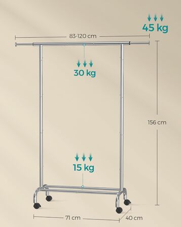 Пересувна стійка для одягу SONGMICS, розсувна, сталева, з полицею, 40x(83-120)x156 см, біла