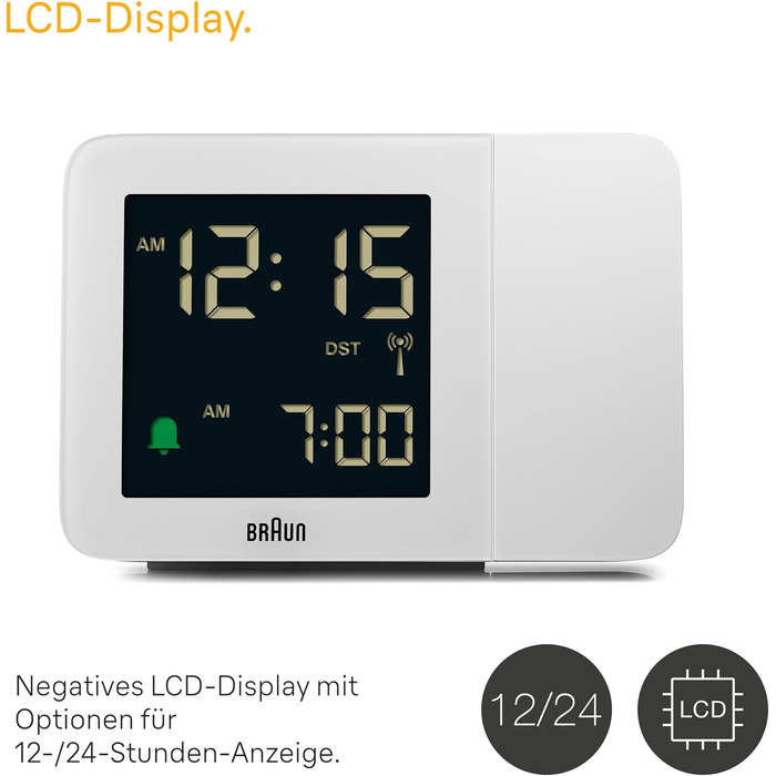 Проекційний радіо-годинник Braun BC15W-DCF з негативним LCD-дисплеєм, DCF, швидке налаштування та звуковий будильник, білий