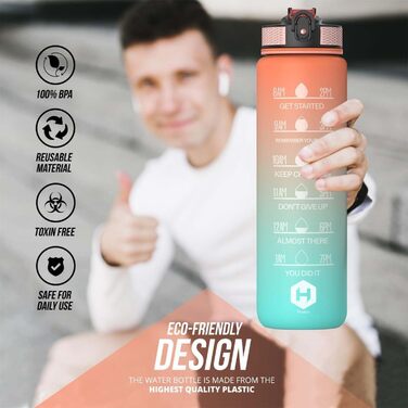 Пляшка для води 1 л BPA-free зі соломинкою та мірною шкалою, для велосипеда, спорту, школи, зручна для газованих напоїв, помаранчева та світло-зелена з помаранчевою кришкою