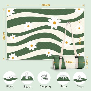 Пляжний килимок LARUTAN Versailles Daisy 200x300 см, водонепроникний, портативний, для пікніка, з ременем для перенесення, праний