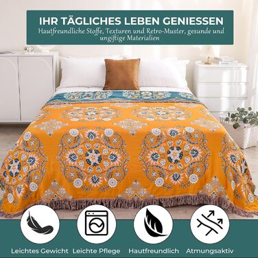 Покривало HOORDRY Boho для ліжка та дивана, бавовняна двостороння ковдра 150×200 см з китицями, жовто-зелене, для спальні та вітальні