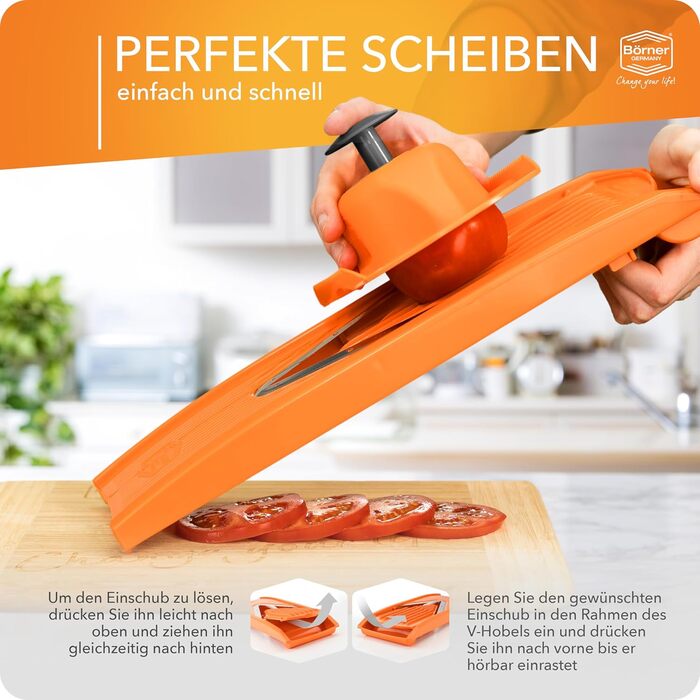 Овочерізка Börner V1 Starter Set, V-подібна, 4 насадки, фруктотримач, регульована, для овочів та фруктів, нарізка скибками, соломкою, кубиками, помаранчева