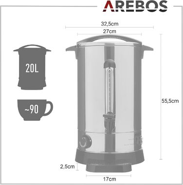 Електричний диспенсер для глінтвейну Arebos 20 л, 1650 Вт з термостатом, захистом від перегріву, краником і піддоном, регулювання температури 30-110°C