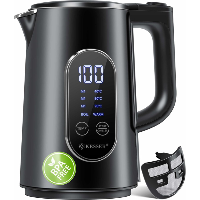 Електричний чайник KESSER 1.7 л, нержавіюча сталь, LED-дисплей, 4 температурні режими 40–100°C, підтримка тепла, 2200 Вт, BPA Free, фільтр від накипу, чорний