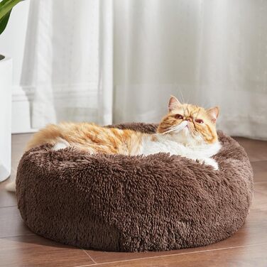 Лежак для котів та собак BEDSURE, круглий плюшевий, м'яке ліжко-кушон, коричневий, 50×50×16 см, діаметр 80 см, праний