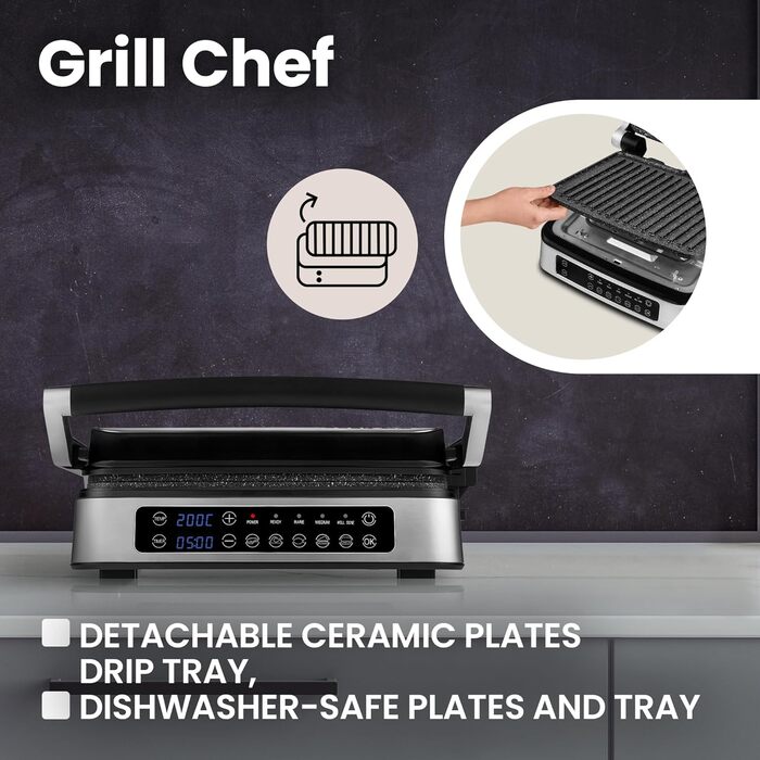 Електричний контактний гриль і сендвіч-тостер Grill Chef 2100Вт, знімні пластини, 2в1, розкладний на 180°, антипригарне покриття, піддон для жиру, звуковий сигнал, сріблястий
