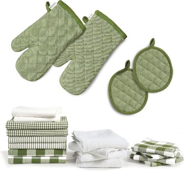 Набір кухонних рушників LANE LINEN 20 шт – бавовняні рушники, термостійкі рукавиці та прихватки, оливковий колір