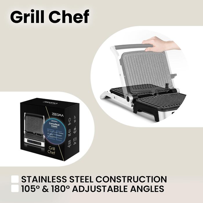 Електричний контактний гриль і сендвіч-тостер Grill Chef 2100Вт, знімні пластини, 2в1, розкладний на 180°, антипригарне покриття, піддон для жиру, звуковий сигнал, сріблястий