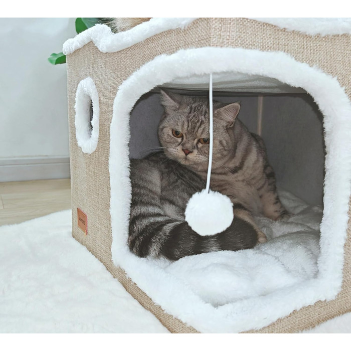 Котяче домік-лежанка Spindro для великих котів, двоповерховий, із знімною шерпа-подушкою та підвісною іграшкою, для дому, світло-сірий, 42x42x33 см